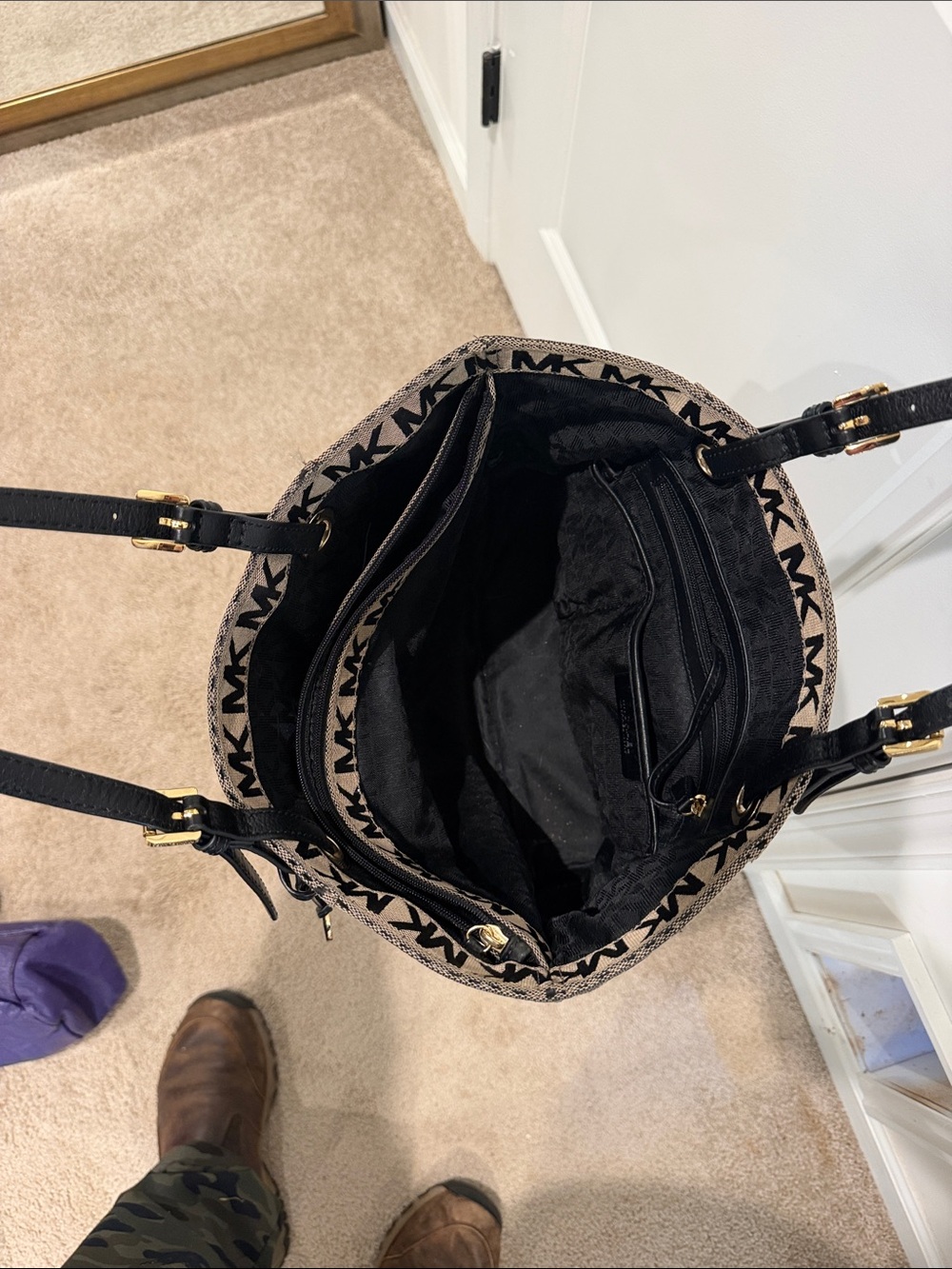 Michael Kors Black and Beige MK Logo Tote with Gold Charm - Picture 2 of 3